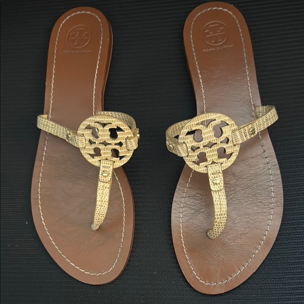 Tory Burch Gold Brown Sandals with Iconic Design